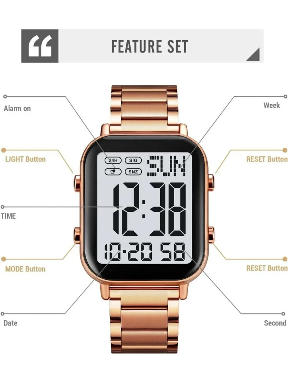 Unisex Rose Gold White Analog Stainless Steel Waterproof Square Digital Watch